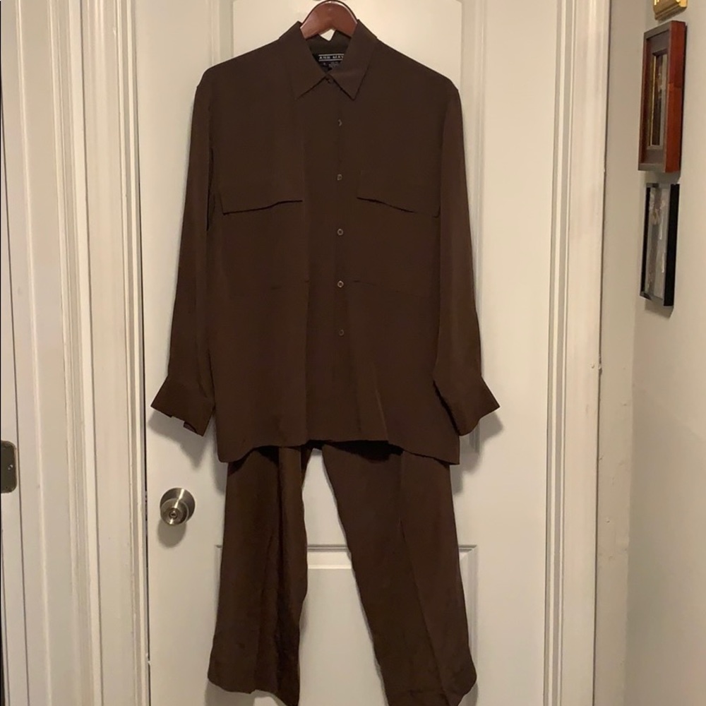 Ann May 100% Silk Dark Brown pant suit set